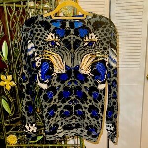 Leopard Print French Cashmere Sweater - Blue and Gray with stones and sequin.